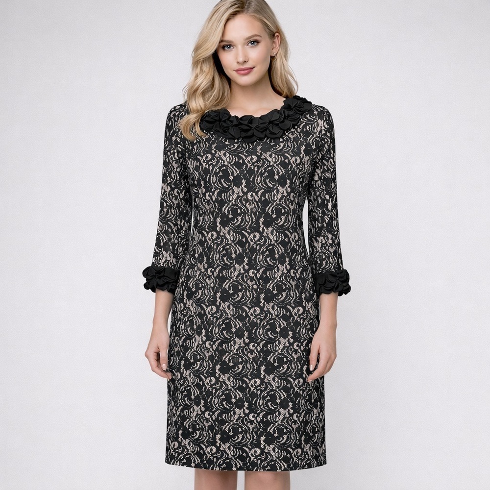 Alfani Black Floral Ruffle Sheath Dress Medium Whimsigoth Gothic Knee Length